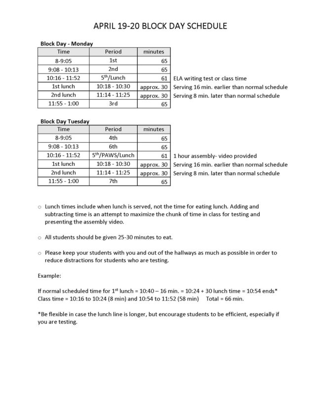 Block Day Schedule | Shoreline Middle School